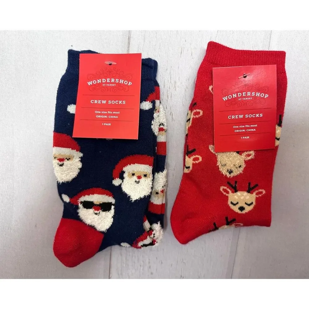Wondershop Women's Christmas Crew Socks Santa Reindeer 2pk‎ One Size NEW